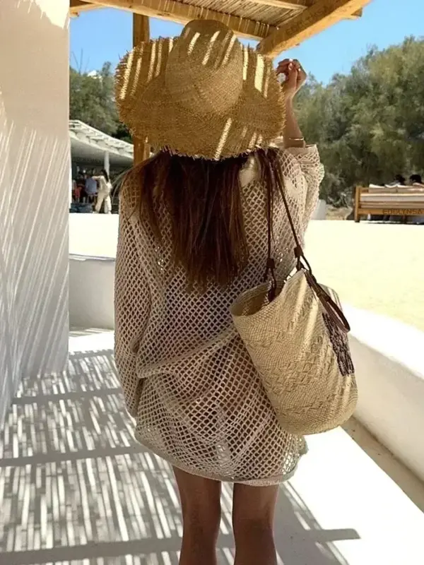 Beach Knit Mini Dress for Women – Sexy Hollow Out Long Sleeve Swimsuit Cover-Up - Image 2