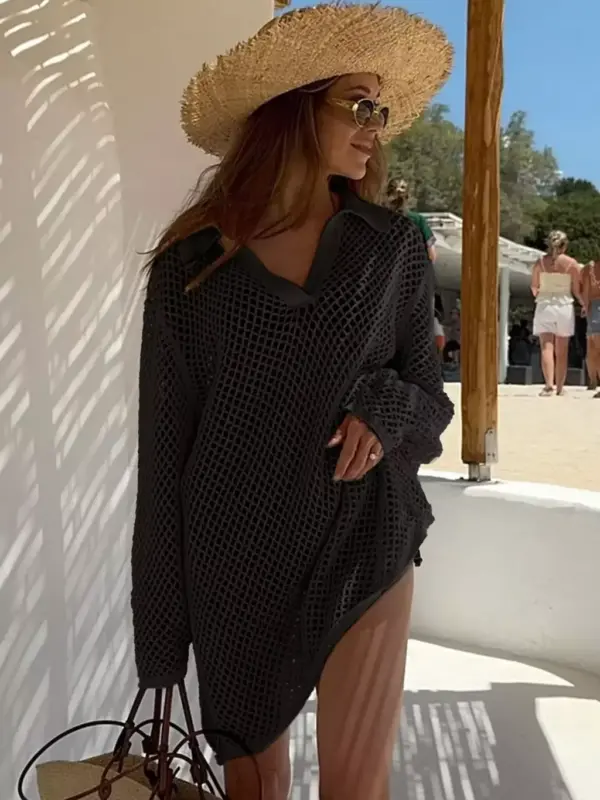 Beach Knit Mini Dress for Women – Sexy Hollow Out Long Sleeve Swimsuit Cover-Up - Image 4