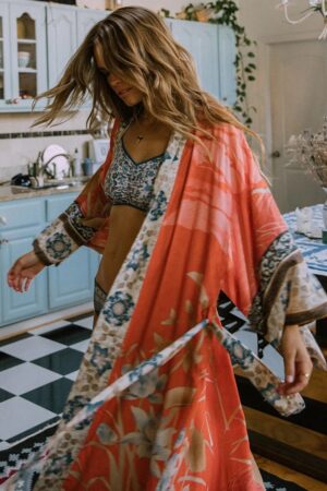 Red Boho Print Kimono Beach Dress – Women's Self-Belted Cover-Up