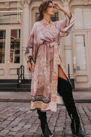 Pink Boho Print Long Kimono Dress – Women's Bikini Cover-Up, Self-Belted Beach Tunic