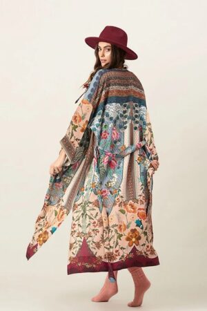 Deep Color Boho Print Kimono Beach Dress – Women's Self-Belted Cover-Up
