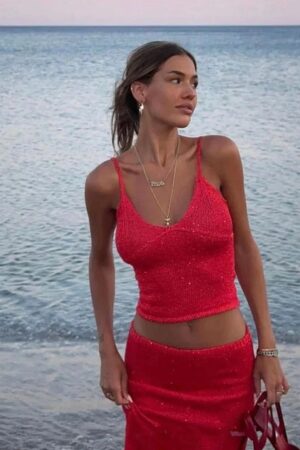 Red Women's 2 Piece Swimsuit Cover Up Knit Set Summer 2025