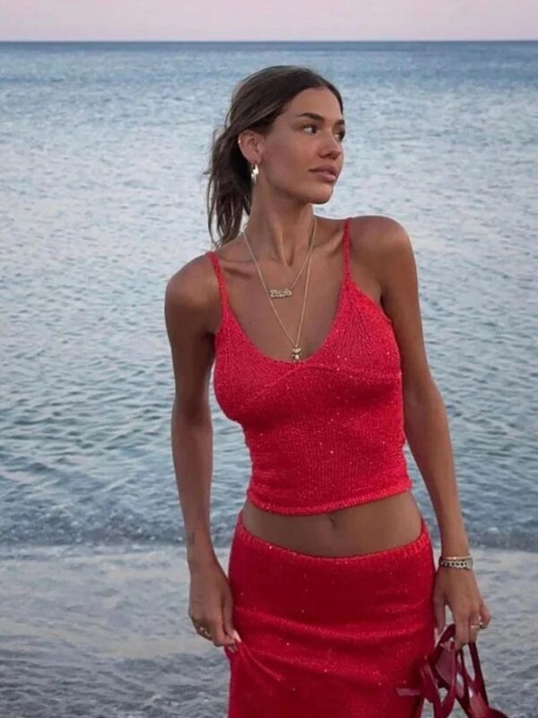 Red Women's 2 Piece Swimsuit Cover Up Knit Set Summer 2025