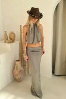 Gray Knit Two-Piece Beach Cover Up 2025 – Backless Lace-Up Top & Half Skirt Set