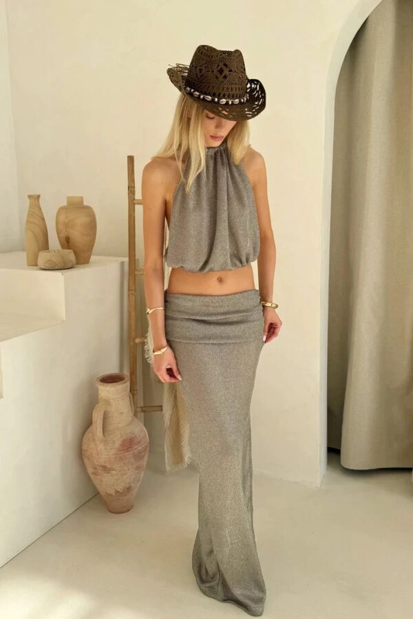 Gray Knit Two-Piece Beach Cover Up 2025 – Backless Lace-Up Top & Half Skirt Set - Image 2