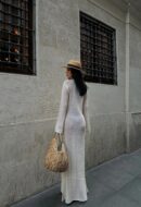 Black and White Sexy Knit Beach Cover Up Dress - V-Neck Cut Out Maxi with Bell Sleeves