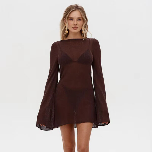 Women's Summer Knit Mini Dress – Sexy Backless Bell Sleeve Beach Cover-Up - Image 5