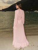Elegant Pink Dot Print Swimsuit Cover Up 2025 – Lace-Up Bell Sleeve Beach Dress