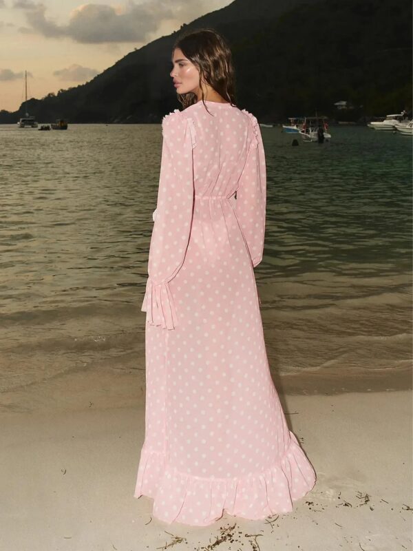 Elegant Pink Dot Print Swimsuit Cover Up 2025 – Lace-Up Bell Sleeve Beach Dress - Image 3