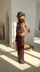 Brown Knit Two-Piece Beach Cover Up 2025 – Backless Lace-Up Top & Half Skirt Set (Copy)
