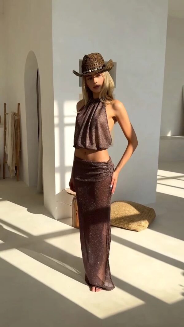 Brown Knit Two-Piece Beach Cover Up 2025 – Backless Lace-Up Top & Half Skirt Set (Copy)
