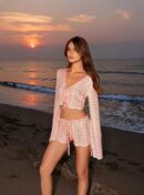 Bell Sleeve Knit Two-Piece Beach Set - Boho Striped Swimsuit Cover-Up