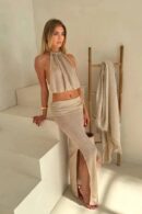 Khaki Knit Two-Piece Beach Cover Up 2025 – Backless Lace-Up Top & Half Skirt Set
