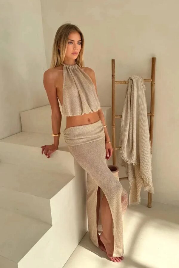 Khaki Knit Two-Piece Beach Cover Up 2025 – Backless Lace-Up Top & Half Skirt Set