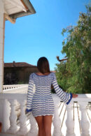 Blue Boho Striped Knit Beach Mini Dress – Summer V-Neck Cut Out Cover Up