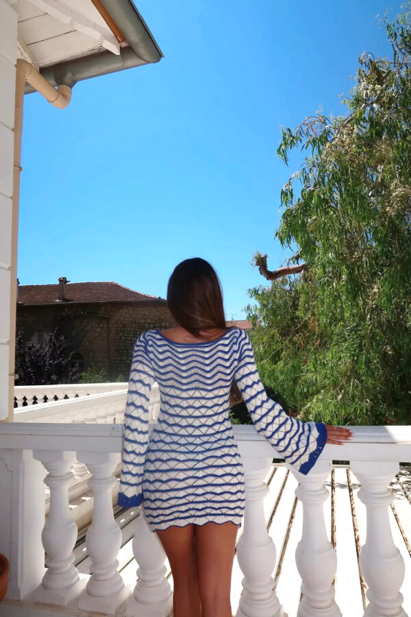 Blue Boho Striped Knit Beach Mini Dress – Summer V-Neck Cut Out Cover Up - Image 2