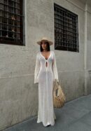 Black and White Sexy Knit Beach Cover Up Dress - V-Neck Cut Out Maxi with Bell Sleeves