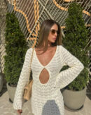 Beige Boho Striped Knit Beach Mini Dress – Summer V-Neck Cut Out Cover Up