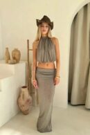 Gray Knit Two-Piece Beach Cover Up 2025 – Backless Lace-Up Top & Half Skirt Set