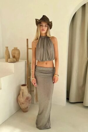 Gray Knit Two-Piece Beach Cover Up 2025 – Backless Lace-Up Top & Half Skirt Set