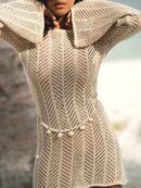 Apricot Sexy Bell Sleeve Lace Up Beach Mini Dress for Women
