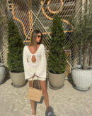 Beige Boho Striped Knit Beach Mini Dress – Summer V-Neck Cut Out Cover Up