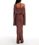 Brown Sexy Knit One-Neck Long Sleeve Top & Drawstring Skirt Beach Set