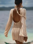 Apricot Sexy Bell Sleeve Lace Up Beach Mini Dress for Women