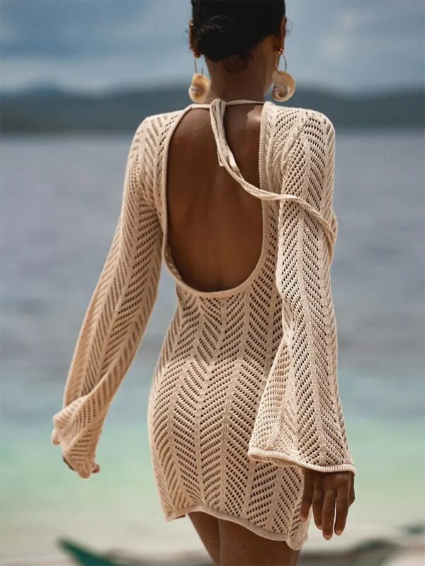 Apricot Sexy Bell Sleeve Lace Up Beach Mini Dress for Women - Image 3