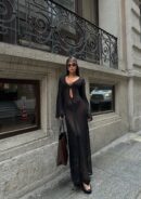 Black and White Sexy Knit Beach Cover Up Dress - V-Neck Cut Out Maxi with Bell Sleeves