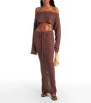 Brown Sexy Knit One-Neck Long Sleeve Top & Drawstring Skirt Beach Set