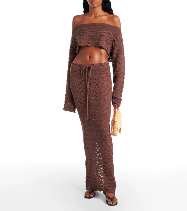 Brown Sexy Knit One-Neck Long Sleeve Top & Drawstring Skirt Beach Set