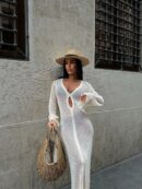 Black and White Sexy Knit Beach Cover Up Dress - V-Neck Cut Out Maxi with Bell Sleeves
