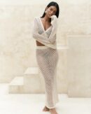 Two-Piece Swimsuit Cover-Up - Bell Sleeve Waist Tie Top & Long Skirt Set