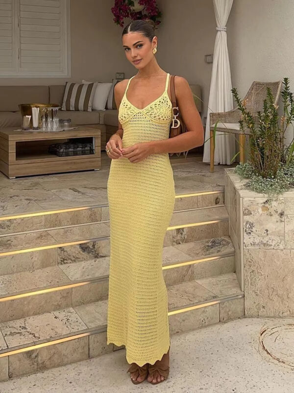 Women's Sexy Knit Cut Out Yellow Maxi Beach Dress