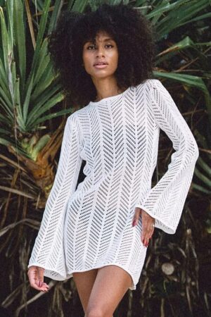 White Sexy Bell Sleeve Lace Up Beach Mini Dress for Women