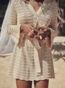 Knitted V-Neck Mini Cover Up – Bell Sleeves & Belted Beach Dress