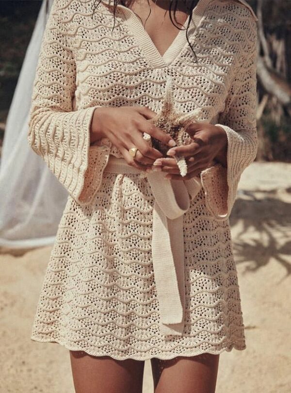 Knitted V-Neck Mini Cover Up – Bell Sleeves & Belted Beach Dress - Image 2