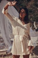 Knitted V-Neck Mini Cover Up – Bell Sleeves & Belted Beach Dress