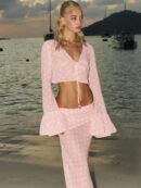 Sexy Pink Polka Dot Beach Cover Up 2025 – Bell Sleeve Top & Long Skirt Set