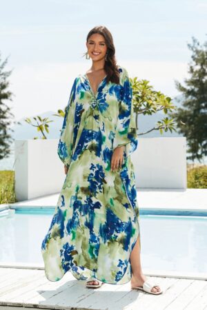 Green Boho Kaftan Dress – Beach Cover Up for Women