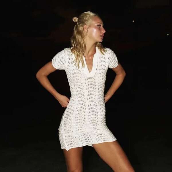 White Striped Knit Beach Mini Dress for Women