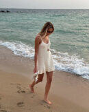 Women's Sexy Crochet Knit Mini Dress – Halter V Neck Ruffle Beach Cover Up