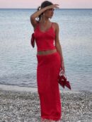 Red Women's 2 Piece Swimsuit Cover Up Knit Set Summer 2025
