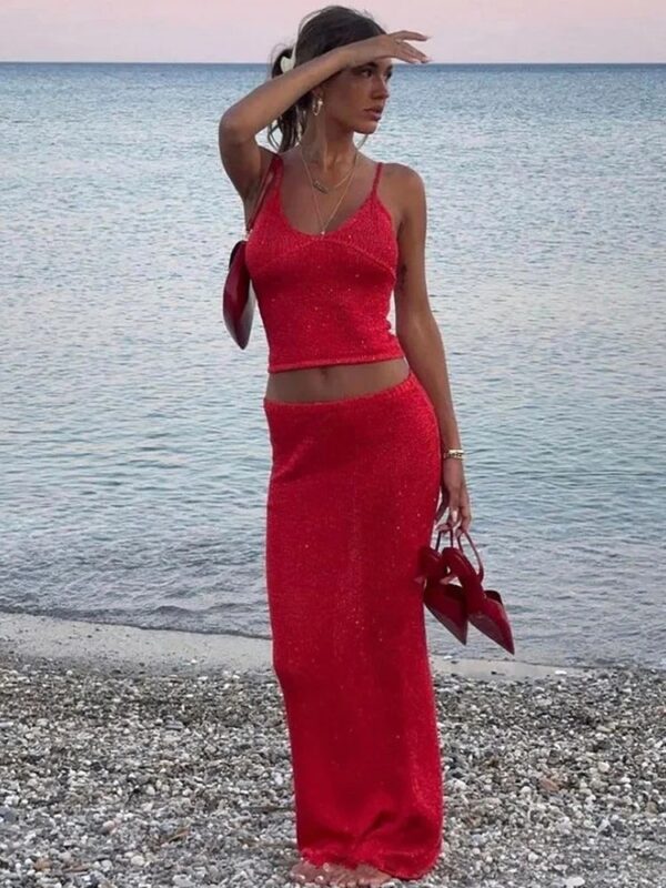 Red Women's 2 Piece Swimsuit Cover Up Knit Set Summer 2025 - Image 2