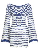 Blue Boho Striped Knit Beach Mini Dress – Summer V-Neck Cut Out Cover Up