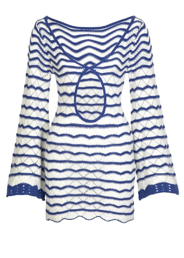 Blue Boho Striped Knit Beach Mini Dress – Summer V-Neck Cut Out Cover Up - Image 3