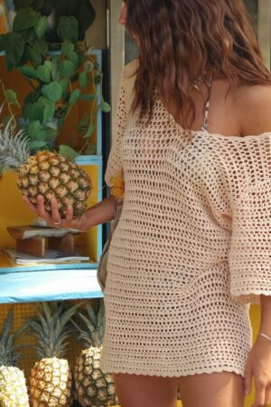 2025 Sexy V-Neck Beach Mini Dress – Hollow Out Knit Cover Up for Summer