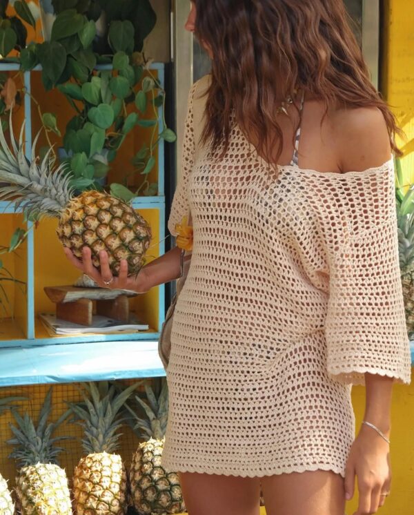 2025 Sexy V-Neck Beach Mini Dress – Hollow Out Knit Cover Up for Summer