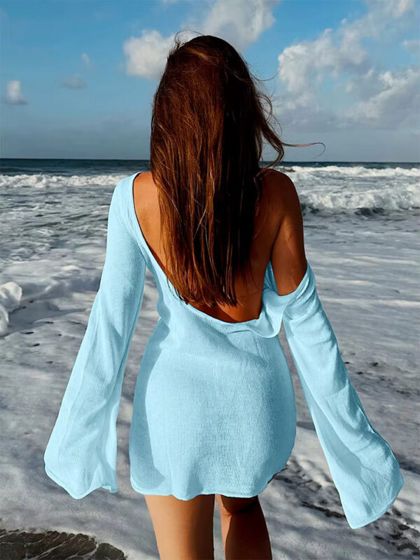 Women's Summer Knit Mini Dress – Sexy Backless Bell Sleeve Beach Cover-Up - Image 4